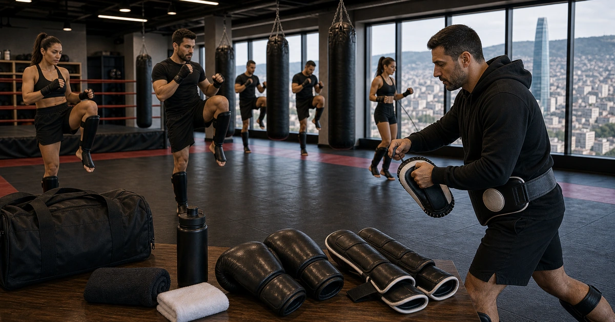 Cinematic kickboxing camp scene for Daily Schedule at a Kickboxing Camp: Training, Recovery and Meals in Tbilisi, Georgia