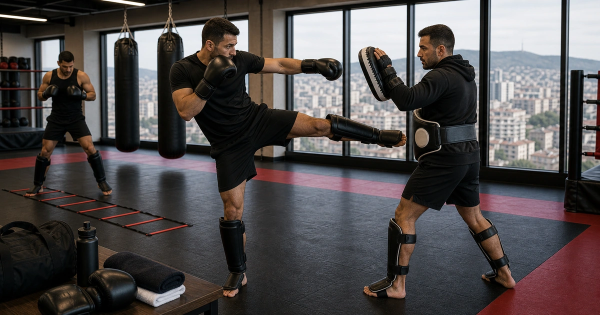 cinematic kickboxing camp scene in Georgia showing rules and scoring differences